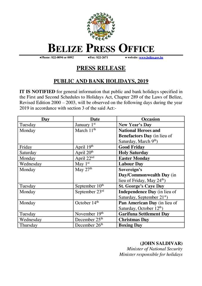 2019 Public And Bank Holidays | MyBelize.Net 2019 Public And Bank Holidays | MyBelize.Net