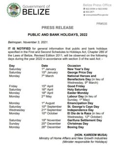 2022 Belize Public and Bank Holiday List Released - MyBelize.Net